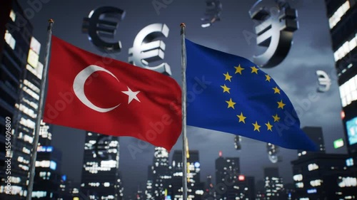 Animated flags of Turkey and the European Union with floating euro currency symbols over cityscape at night