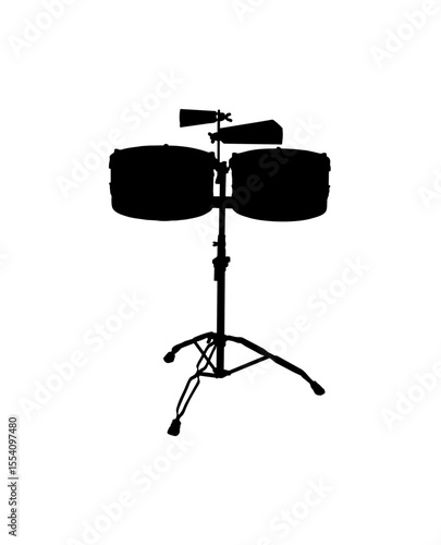 Silhouette of a timbales drum set with two drums and a cowbell, mounted on a stand.