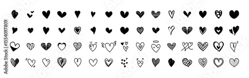 Big hand drawn black hearts set. Vector illustration.
