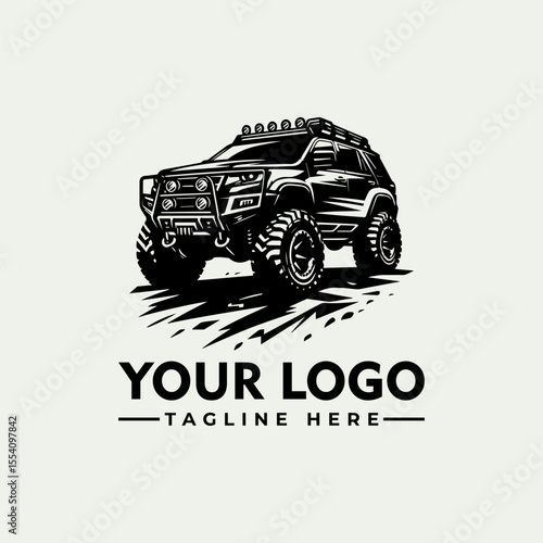 A stylized black and white illustration of a rugged off-road vehicle, with a logo template.