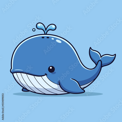 Adorable blue whale cartoon character blowing water on light blue background