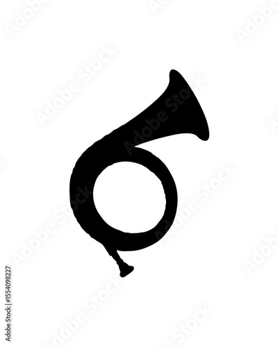 Silhouette of a post horn, a circular brass instrument used historically for signaling, against a white background.