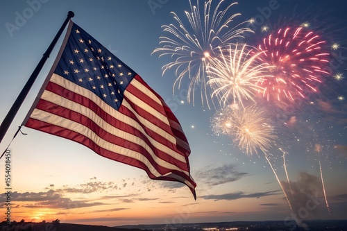 American Flag with Colorful Fireworks at Sunset