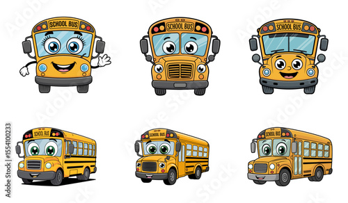 Set of Cute Cartoon Yellow School Buses with Various Expressions