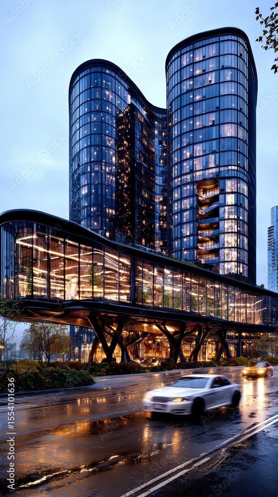 Obraz premium Modern Architectural Marvel Sleek, Curved Skyscrapers at Night