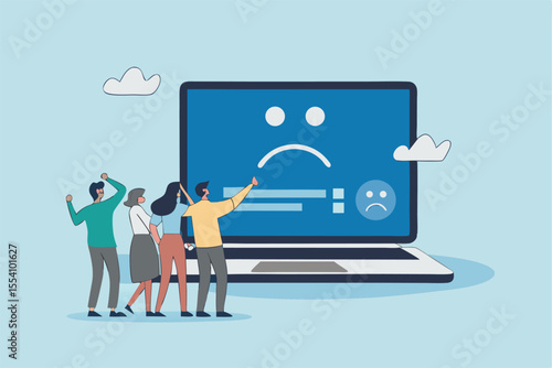 Computer outage, error or failure causing by software update mistake, operating system crash or cyber attack, server down or technical issue concept, people victims looking at computer laptop outage.