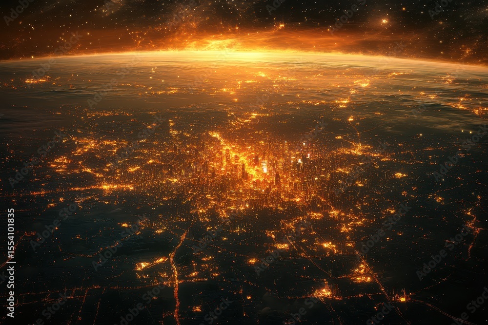 Fototapeta premium Aerial shot of glowing city lights at night, seen from space. Visualize concepts like global connectivity, urban planning, and future tech.