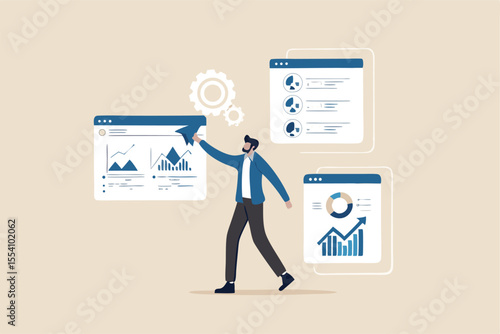 Self service, software or application to help user get result themself, online help or assistance, resource management or electronic automated report concept, businessman using self service software.