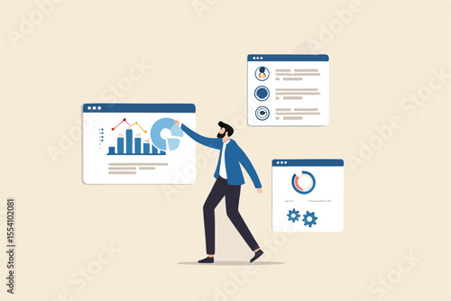 Self service, software or application to help user get result themself, online help or assistance, resource management or electronic automated report concept, businessman using self service software.