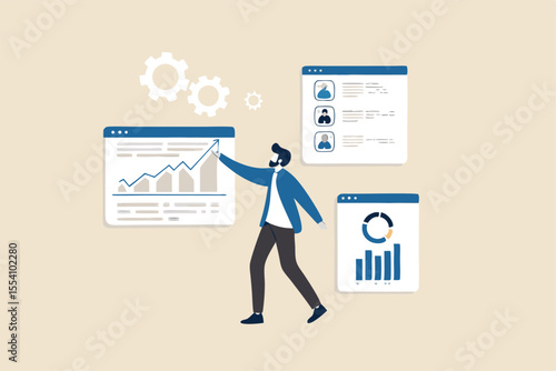 Self service, software or application to help user get result themself, online help or assistance, resource management or electronic automated report concept, businessman using self service software.