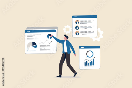 Self service, software or application to help user get result themself, online help or assistance, resource management or electronic automated report concept, businessman using self service software.
