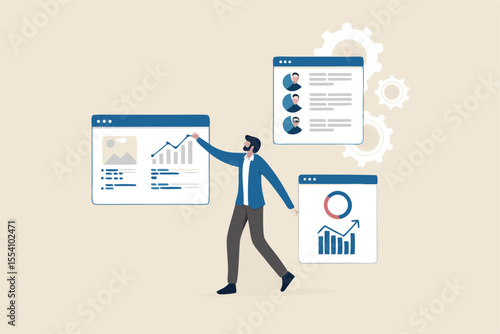 Self service, software or application to help user get result themself, online help or assistance, resource management or electronic automated report concept, businessman using self service software.