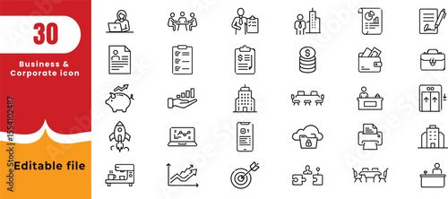 Business and corporate line icon set. gathering featuring five individuals seated around a table