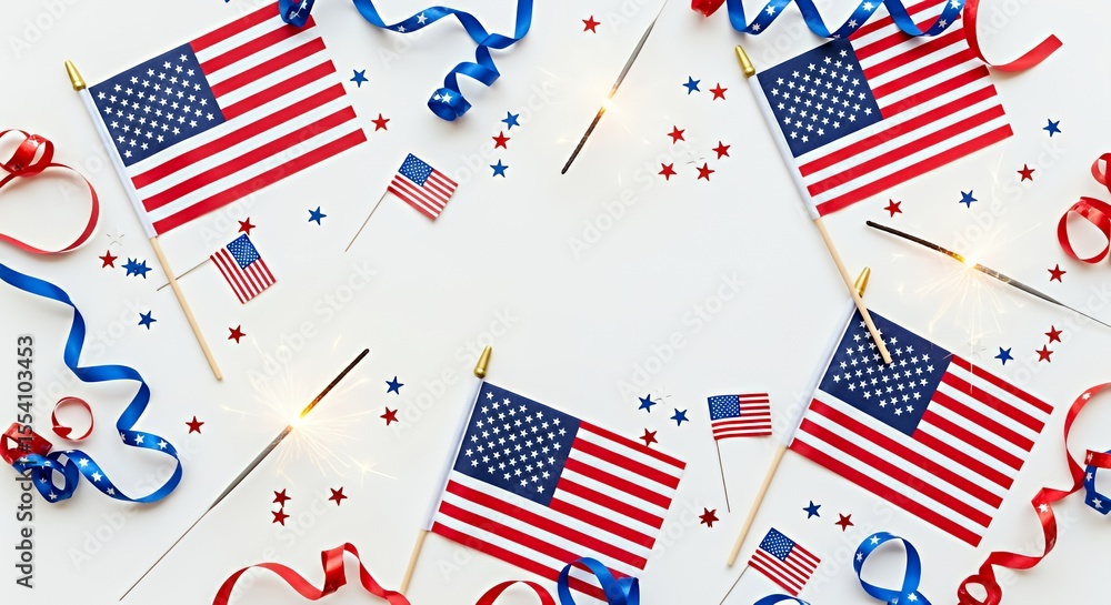 Obraz premium Celebrating July 4th American Flags Sparklers and Confetti Patriotic Decoration