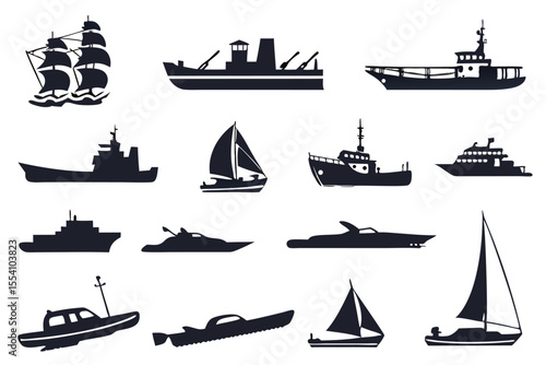 Sixteen Ship and Boat Silhouettes – Black Maritime Icon Set