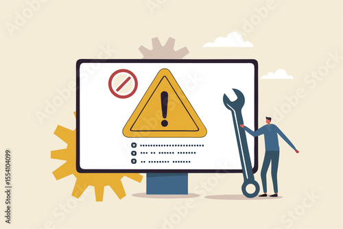System error, software problem or system failure, security alert or hardware fault to be fixed, caution or maintenance concept, young technician holding wrench fix system failure message on computer.