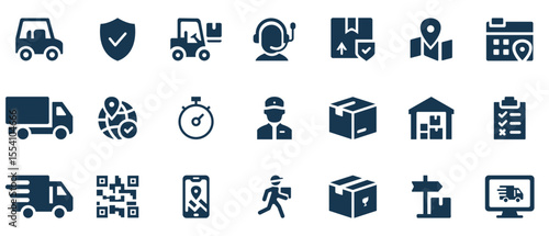 Comprehensive Collection of Modern Logistics and Delivery Icons Set for Transportation, Warehouse Management, and E-commerce Services