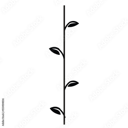 Minimalist black silhouette of a vertical vine with simple leaves on a thin stem, ideal for botanical illustrations, nature-themed designs, patterns, or decorative borders

