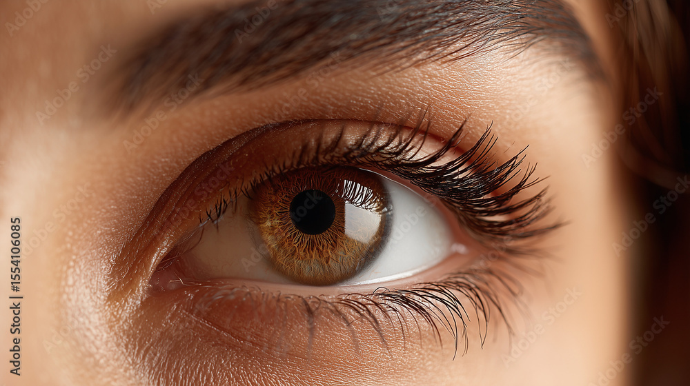 Naklejka premium Close up of a woman’s brown eye with natural detail, sharp iris, and clear eyelashes, showing beauty, vision, and human emotion in a realistic portrait style.