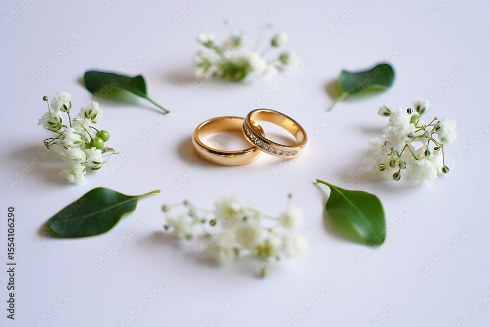 Beautiful Golden Wedding Rings Surrounded by Delicate White Flowers and Green Leaves on a White Background Beautiful Golden Wedding Rings Surrounded by Delicate White Flowers and Green Leaves on a White Background