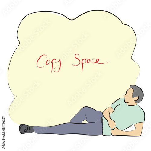 young man reclining on the ground with yellow copy space illustration vector hand drawn with black lines isolated on white background.
