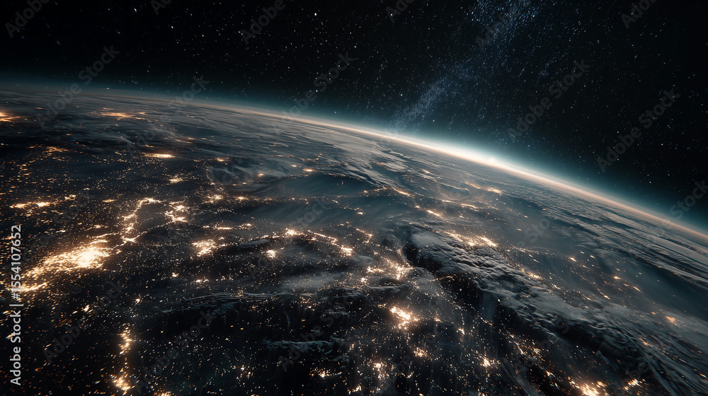 Obraz premium Earth at night seen from space, glowing city lights illuminate continents, highlighting human activity, urban areas, and planet’s vibrant nighttime beauty.