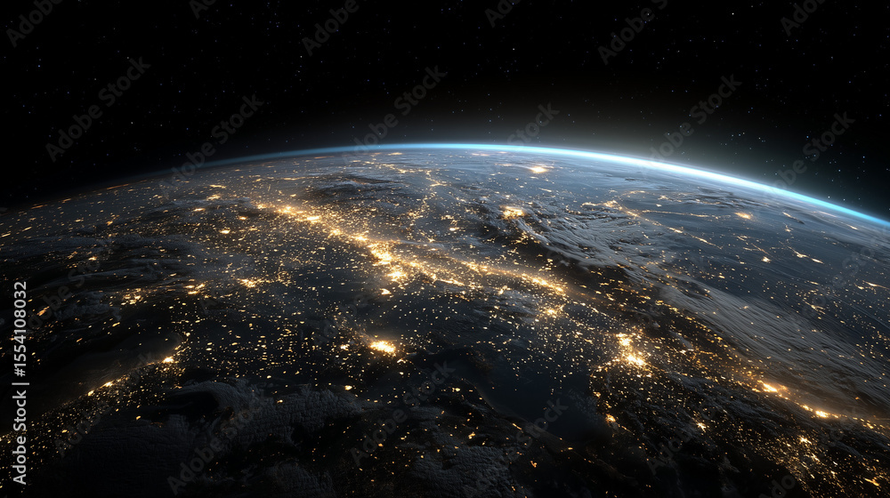Fototapeta premium Earth at night seen from space, glowing city lights illuminate continents, highlighting human activity, urban areas, and planet’s vibrant nighttime beauty.