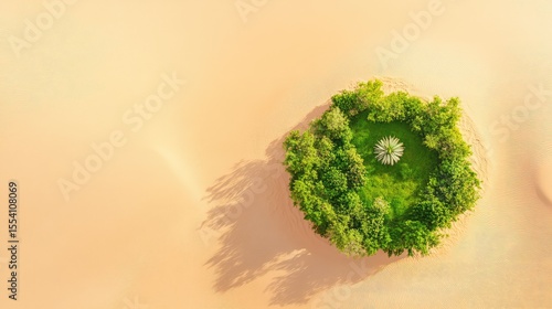 Aerial shot of vibrant greenery encircled by sweeping golden sand, showing nature resilience in the desert expanse
