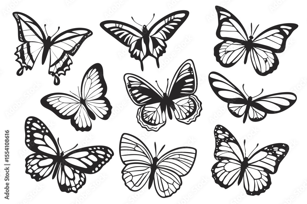 Fototapeta premium Black Butterfly Silhouettes Set – Vector Insect Collection