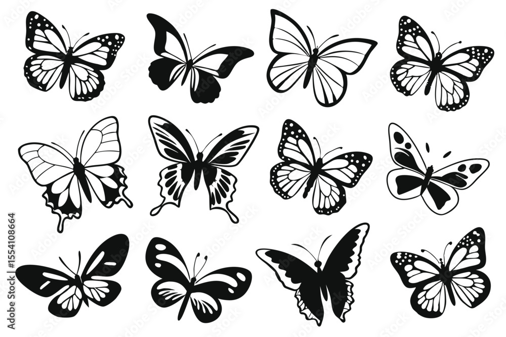 Fototapeta premium Butterfly Morphology Silhouettes – Transparent Black Vector Set