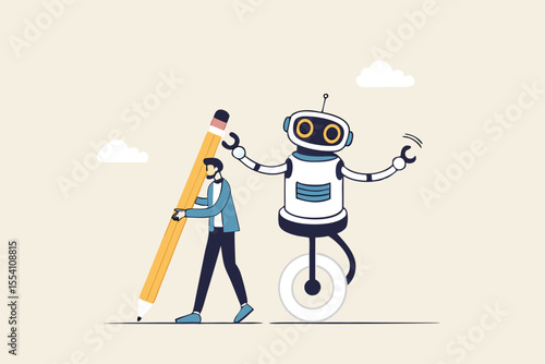 AI Artificial Intelligence work with human, robot or automation to help success, robot to replace human employment, job uncertainty concept, frustrated businessman working with pencil with AI robot.