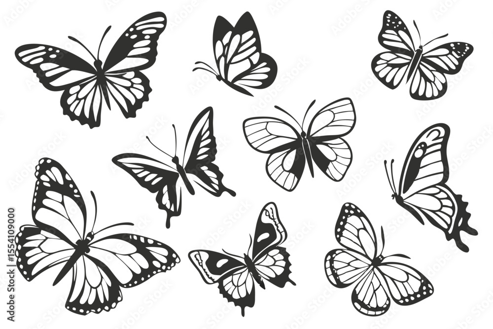 Fototapeta premium Black Butterfly Silhouettes Set – Vector Insect Collection