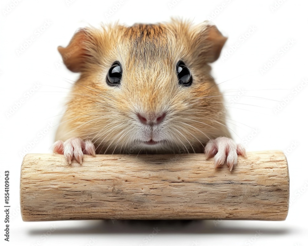 Fototapeta premium Adorable small hamster holding a wooden stick, showcasing its playful nature