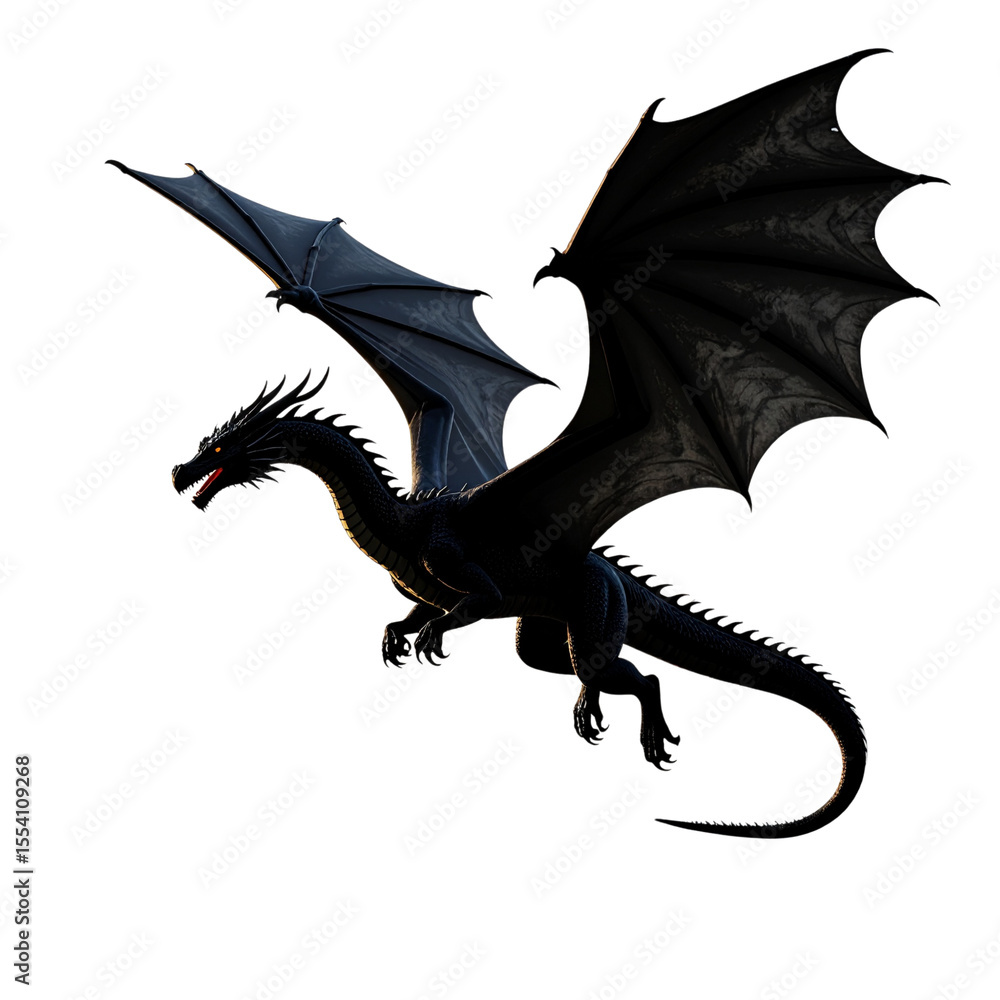 Fototapeta premium Silhouette of flying dragon above mountain peaks in fantasy scene isolated on transparent background PNG