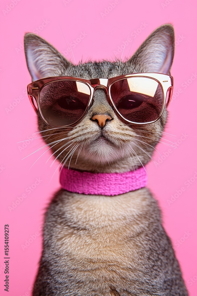 Stylish cat wearing sunglasses against a vibrant pink background, exuding charm Stylish cat wearing sunglasses against a vibrant pink background, exuding charm