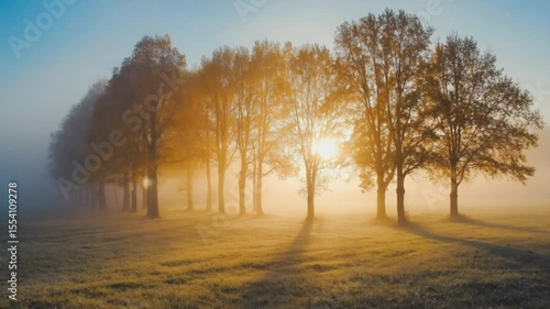 Foggy park with trees in golden light