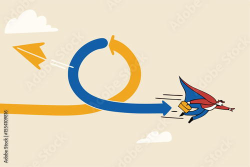Agile methodology in project management or software development, sprint or dev cycle to release and improve product, scrum process or workflow concept, businessman superhero fly with agile cycle.