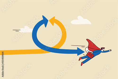 Agile methodology in project management or software development, sprint or dev cycle to release and improve product, scrum process or workflow concept, businessman superhero fly with agile cycle.