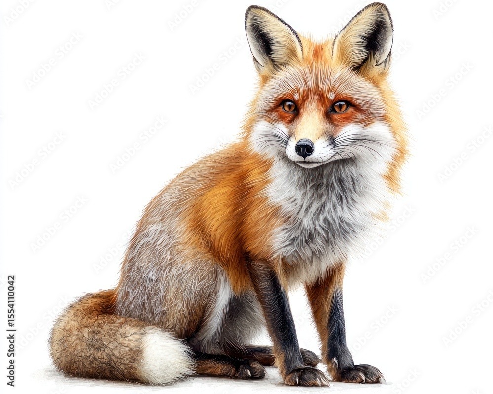 Realistic illustration of a fox sitting gracefully against a plain background Realistic illustration of a fox sitting gracefully against a plain background