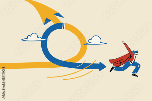 Agile methodology in project management or software development, sprint or dev cycle to release and improve product, scrum process or workflow concept, businessman superhero fly with agile cycle.