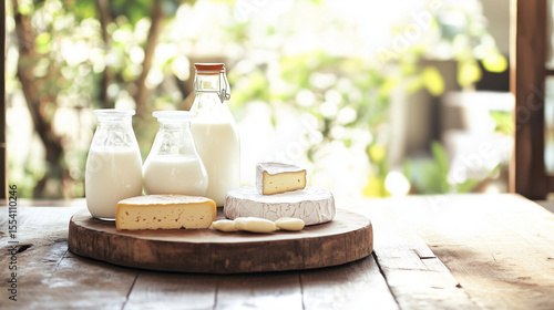 Wallpaper Mural Fresh dairy assortment with milk bottles and cheese wheels on wooden table, celebrating wholesome farm-to-table goodness Torontodigital.ca