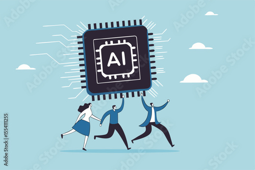 Embrace AI, Artificial Intelligence adoption, user or people who use AI to help and support work success, innovation or revolution to change business concept, business people carry AI processing chip.
