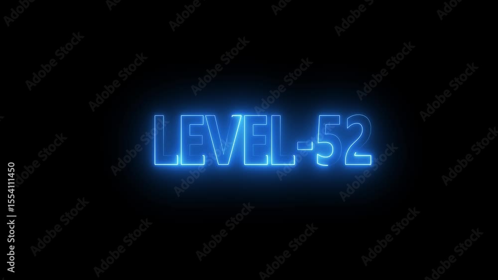 Glowing level-52 text with glitch effects animation. game concept next level icon isolated . Black background. Glowing level-52 text with glitch effects animation. game concept next level icon isolated . Black background.
