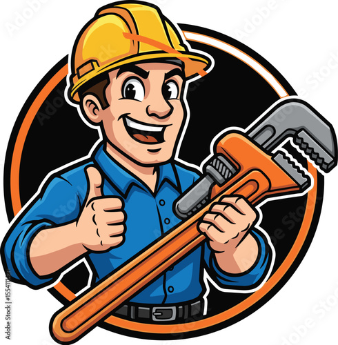 Cartoon plumber mascot with hard hat, holding pipe wrench, thumbs up gesture, professional repair service logo, smiling handyman illustration, plumbing maintenance, construction worker