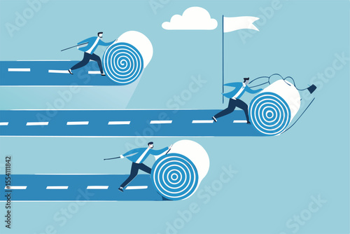 Career path development, effort or motivation to lead to success, business competition, efficiency or productivity, employee performance concept, businessman roll career road to create success path.