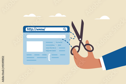 Shorten URL marketing short website address for easy online marketing campaign, hand holding scissor to cut website URL address bar.