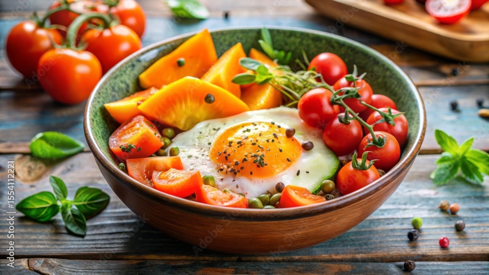 Healthy Breakfast Bowl with Fried Egg, Tomatoes, Peppers, Peas, Colorful Nutrition Healthy Breakfast Bowl with Fried Egg, Tomatoes, Peppers, Peas, Colorful Nutrition