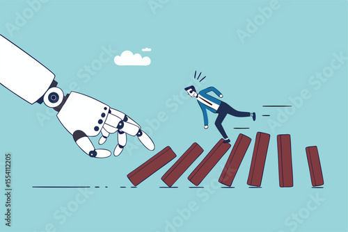 AI to disrupt human work, Artificial intelligence impact or challenge, job uncertainty future, innovation effect, AI change concept, AI robot arm push to collapse domino, businessman falling down.