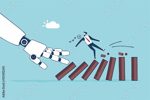 AI to disrupt human work, Artificial intelligence impact or challenge, job uncertainty future, innovation effect, AI change concept, AI robot arm push to collapse domino, businessman falling down.