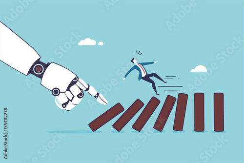 AI to disrupt human work, Artificial intelligence impact or challenge, job uncertainty future, innovation effect, AI change concept, AI robot arm push to collapse domino, businessman falling down.